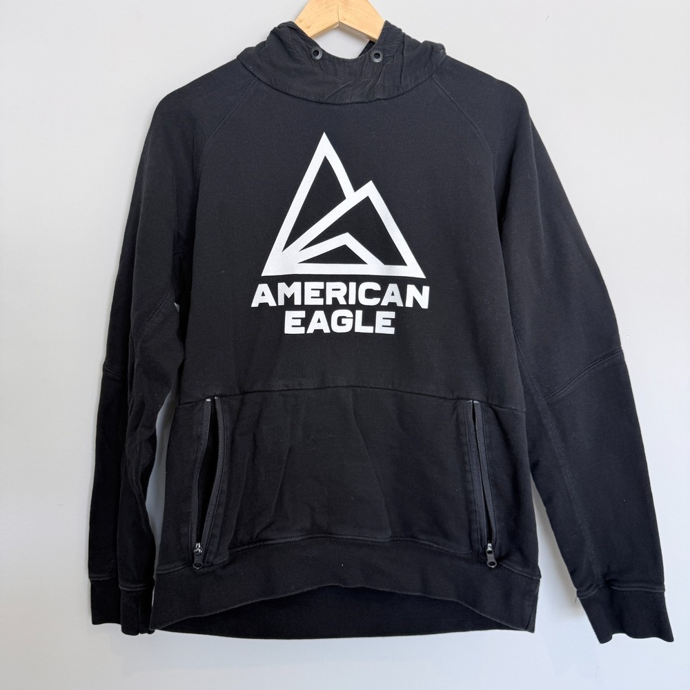 American Eagle Logo Hoodie Sweatshirt Mens Medium Black Zip Kangaroo Pockets
